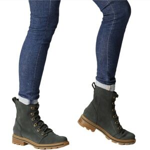 Sorel Women's Lennox waterproof Moss Gray Suede Lace Up Ankle Combat Boots 7.5